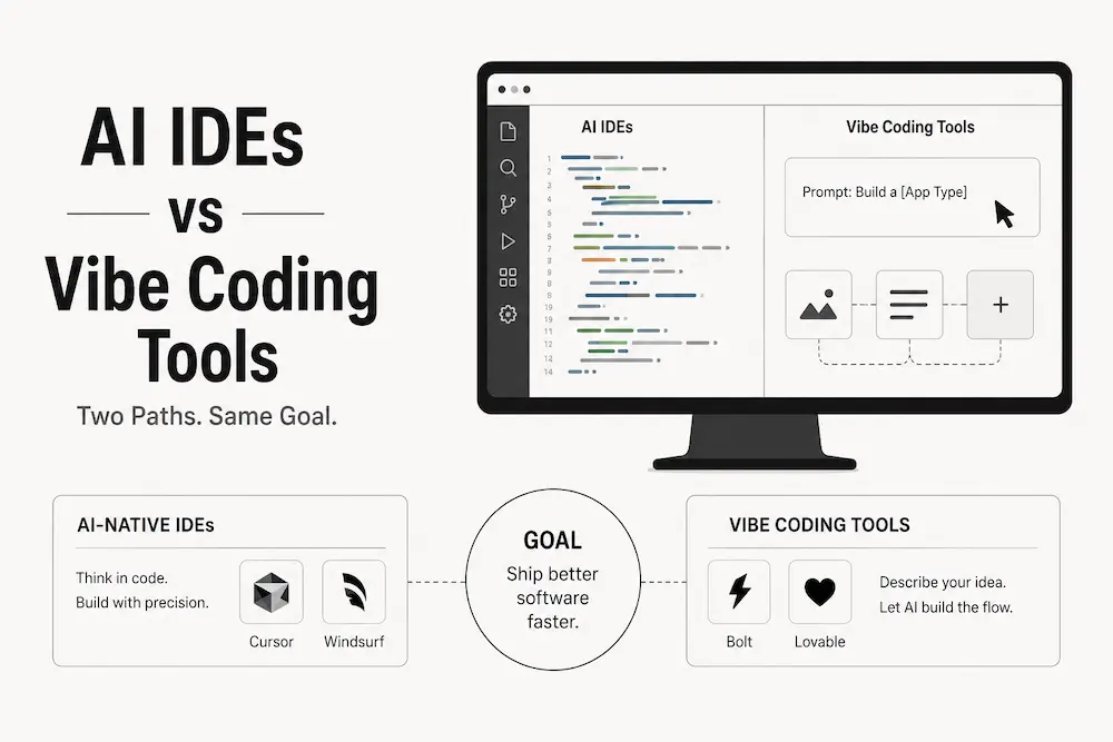 Infographic comparing AI IDEs (Cursor, Windsurf) vs Vibe Coding tools (Bolt, Lovable) to ship software faster.
