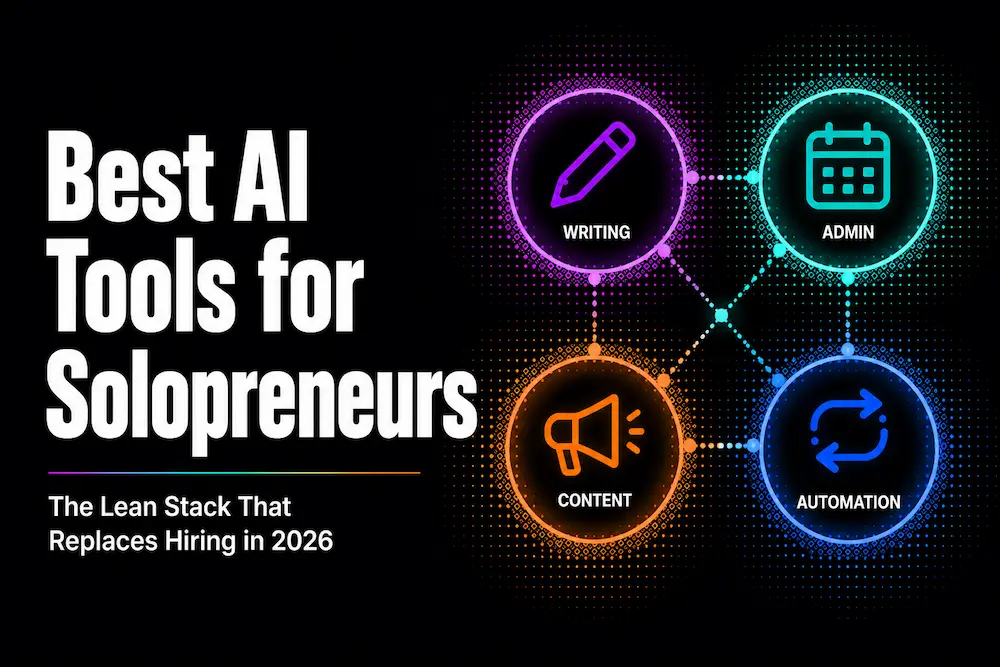 Graphical banner for best AI tools for solopreneurs in 2026 showing a network of icons for writing, scheduling, marketing, and automation.